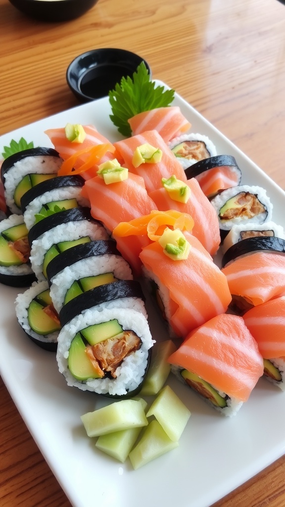 A colorful assortment of sushi rolls with fresh ingredients, served on a wooden platter with soy sauce, wasabi, and pickled ginger.